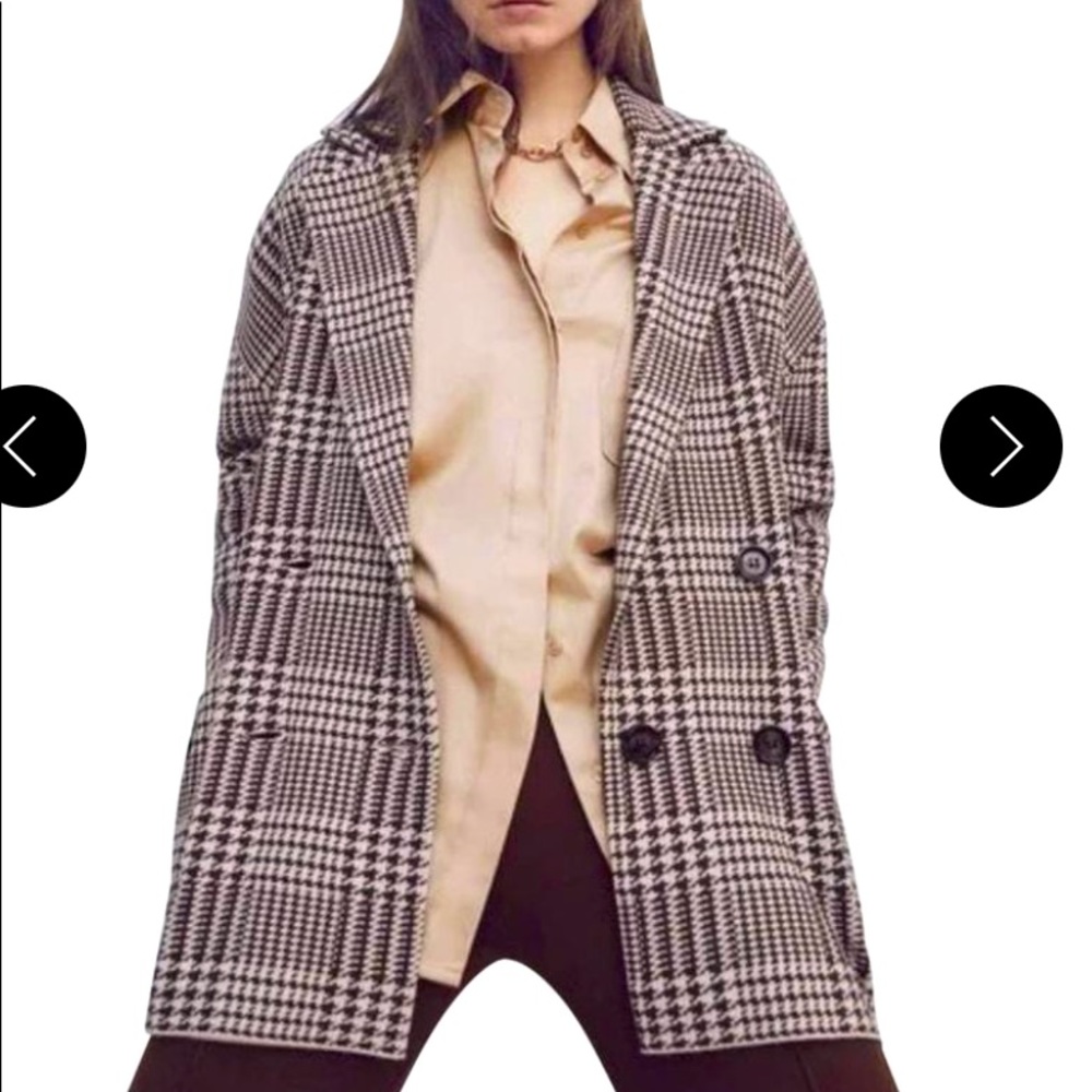 Zara Black & Cream Houndstooth Double-Breasted Blazer Coat